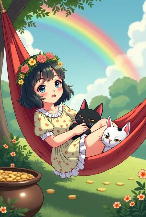 Chinese-eyed girl ,  wearing a petticoat and blouse with a cat printed ,  she is in a hammock with her black cat and white Dalmatian style spots .  The background of the image with a rainbow that has a pot of gold and an angry leprechaun who has a crown of...