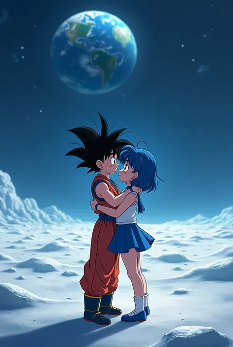 Please draw Son Gohan and Sailor Mercury holding each other on the moon.

