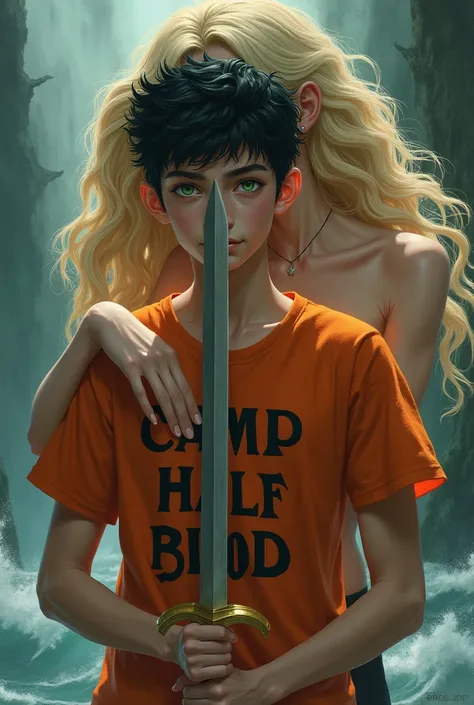 Dark haired teen boy Demigod son of Poseidon with sword wearing orange t-shirt that says Camp Half-Blood with Blonde Siren standing behind him and covering his mouth with her hand