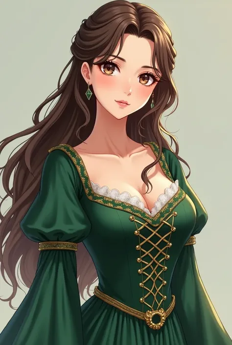 Anime girl brown long hair, medieval green dress sexy big boobs. Normal. Modest 