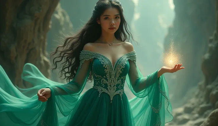 Young  female  human  dressed in a flowing gown of emerald green adorned with silver embroidery, her long dark hair cascades down her back, framing her porcelain skin.@Barbara,This girl has a magic light in her hand.
