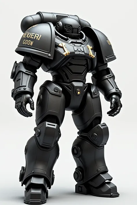 a Warhammer 40k armor, in a frontal pose, a back pose and a profile pose, with the letters "never goon" in the front, full body, without a model wearing it.