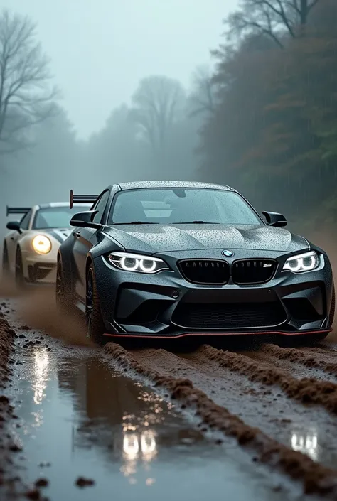 Bmw m2 old gen  and porsche gt3 rs in arainy weather full of mud 