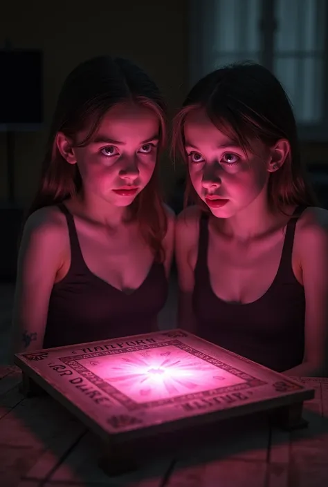 2 dutch pre teen girls sitting in a dark room around a magical board game with the words: Transform or Dare" carved into it, a pink glow is glowing from the wooden board game, pokies, both girls wearing tank tops and have colossal breasts, big pokies, tran...