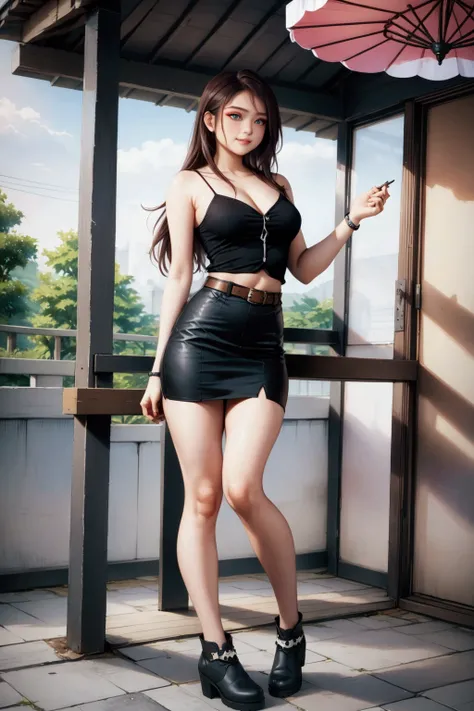 asian office woman, standing posed, under pavilion, (+forehead, long straight hair), white short sleeves shirt (+open shirt, exposed black camisole), black leather pencil mini skirt with brown belt, black ankle boots, BREAK, (1girl, solo, full body), (best...