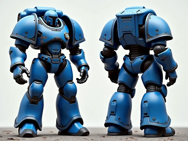 a Warhammer 40k blue armor, in a frontal pose and a profile pose, with the letters "never goon" in the chest, full body, without a model wearing it.