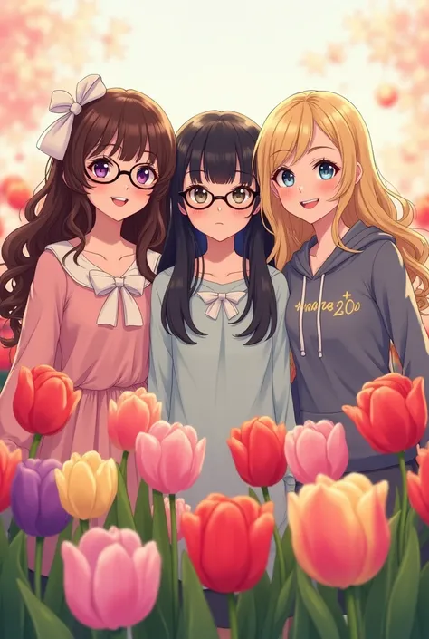 A group of 3 friends Create an anime girl with long curly brown hair wearing a pink dress and white bows with a bouquet of pink tulips, another with glasses and long black hair and red and yellow tulips, another blonde with blue eyes and purple tulips wear...