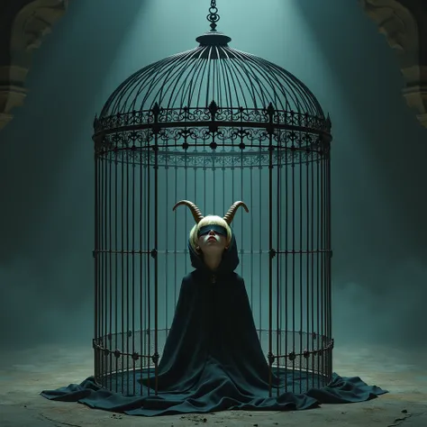 a girl, blonde short hair, wearing black blindfold, black cloak, hooded, has a pair of lamb horn, trapped in a huge bird cage, facing up the ceiling, kneeling, in the middle of a fantasy world low light, realistic, asian