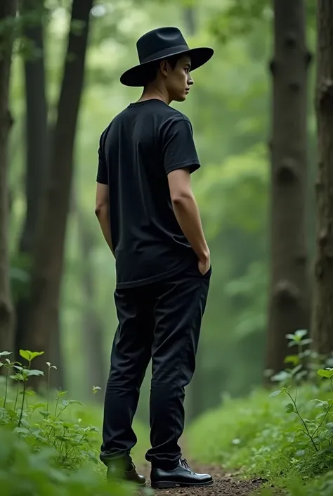 Young man with black taran hat, black t-shirt, black pants, black dress shoes in forest with grass and lots of trees.  He is Standing back. He is putted his hand in pocket.  Please show  his back body.  4k photo