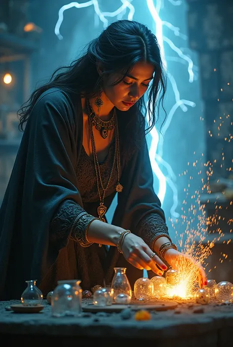 Witch woman doing glass crafts and riding lightning