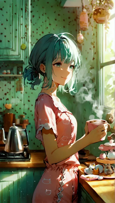 A pastel-themed kitchen with a young Japanese woman standing at a wooden counter, holding a pastel-colored mug filled with freshly brewed coffee. She smiles softly, gazing at the steam rising from the mug, which forms whimsical shapes of a cat and a heart ...