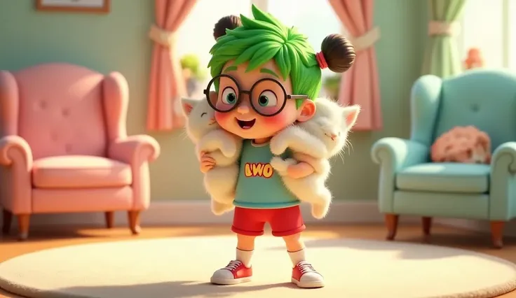 "A 3D Pixar animation scene featuring Owo lovingly hugging a chubby white cat in a cozy indoor setting. Owo, an  boy with bright green hair, big round glasses, wearing a light blue t-shirt with owo written on it, red shorts, red sneakers, and knee-high soc...