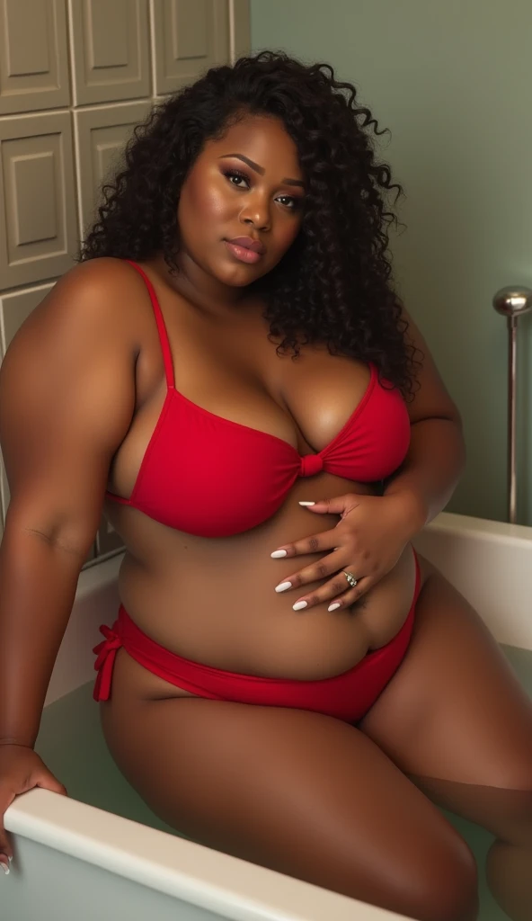 A confident curvy girl plus size boobs and plus size hips wear red string bra and bikini sit on the bathtub 