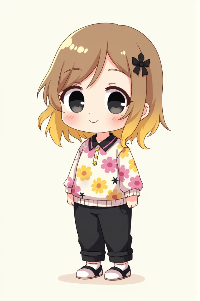 Chibi art, Girl, Medium length hair, Blonde with brown hair, "LONG SLEEVE POLO WITH PINK FLOWERS, YELLOW FLOWERS, BLACK ALSO, BLACK PANTS, BLACK SHOES, CUTE, BLACK EYES