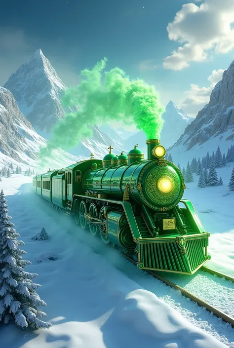 a magical green train in a fabulous winter land