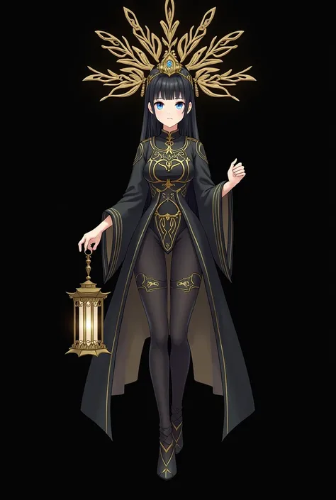 The image is a digital illustration of a young woman with dark hair and blue eyes. She is wearing a black and gold outfit with intricate details and patterns. The outfit has a high neckline and long sleeves, and she is holding a lantern in her right hand. ...