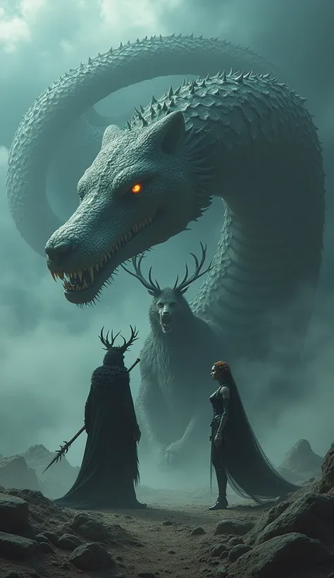 Jomungander the serpent of the world  ,  fenrir the giant wolf and Hela the goddess of the underworld together hyper realistic