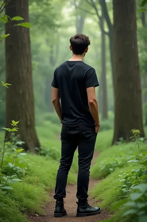 Young man black t-shirt, black pants, black dress shoes in forest with grass and lots of trees.  The man is about 19.  He is putted his hand in pocket.  Please show the back body.  And make the picture 4k