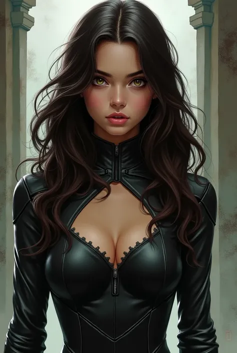  dark brown-haired girl , wavy,  hazel eyes  (dark green ), slim. She is a teenage girl,  daughter of Talia Al Ghul and Bruce Wayne. DC Comics. The images will look like DC comics  