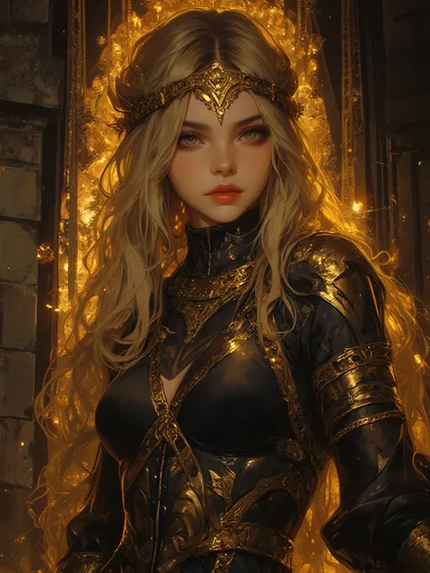 A woman with long, wavy blonde hair, adorned in a dark dress embellished with golden leaf patterns. She wears a golden headpiece and has golden chains wrapped around her arms and body. The backdrop is a stone wall, and there are golden chains hanging from ...