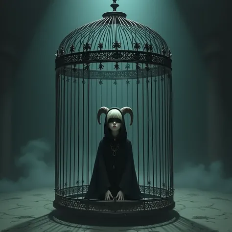 a girl, blonde short hair, wearing black blindfold, black cloak, hooded, has a pair of lamb horn, trapped in a huge bird cage, facing up the ceiling, kneeling, in the middle of a fantasy world low light, realistic, asian