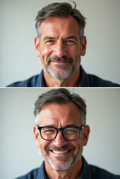  generates a man with a serious expression ,  another with the same man but with an expression of happiness, and one of the same man wearing glasses .