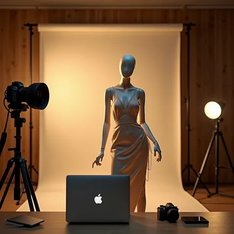 Photo studio, warm light, there is a paper background ,  camera in the background is a female manken in a dress, There is a table next to it,  on the macbook table on the stands and a Nikon 