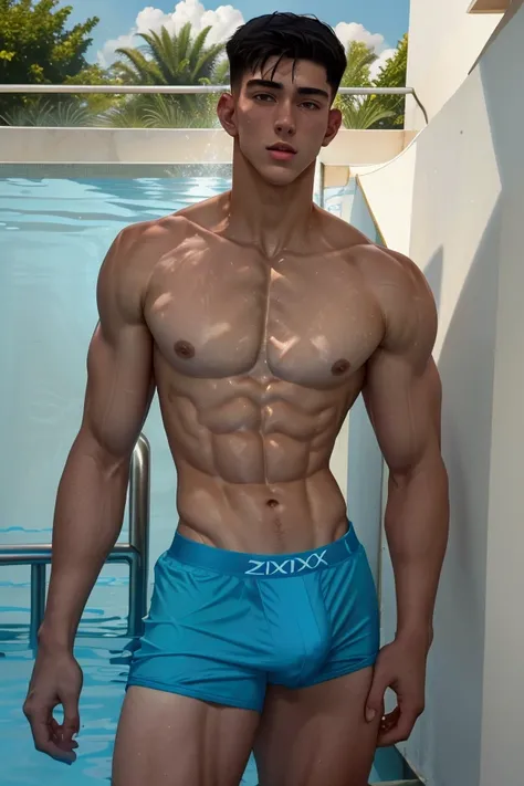 20 year old young bodybuilder, atletico, muscular, handsome and manly, standing,  full body image ,  with light blue boxer shorts, entering a pool, front camera, summer atmosphere ,  Well Enlightened 