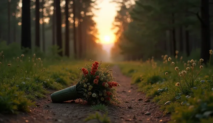 A narrow forest path lined with towering pines swaying gently in the wind. A wilted bouquet lies abandoned on the trail, framed by the ethereal light of a distant, fading sunset.