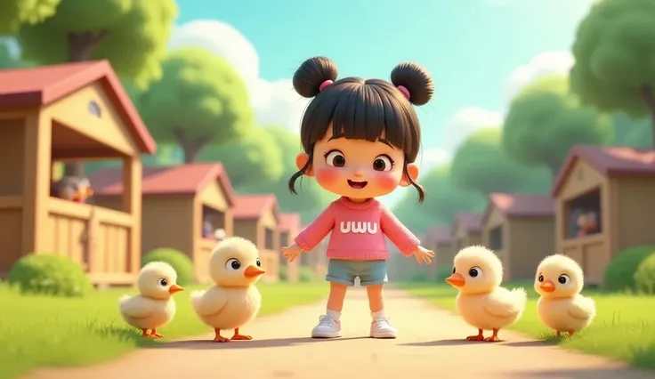 "A 3D Pixar animation scene featuring Uwu squatting down to observe ducklings in a vibrant farm setting with animal pens in the background. Uwu, a  girl with her hair in two buns on top and bangs, clear hair fiber, wearing a pink sweater with uwu written o...