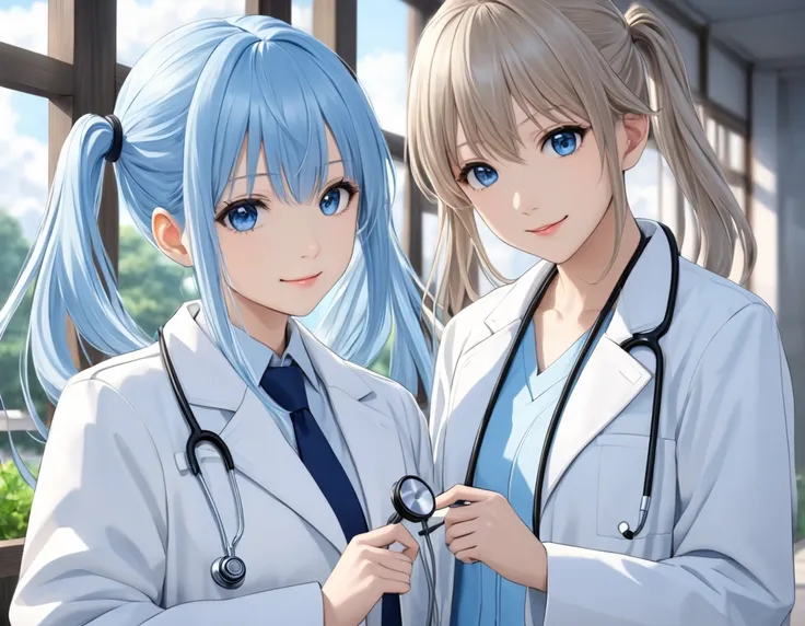   anime characters wearing white coats ,  Light blue long hair、 Beautiful woman with twin tail hairstyle  [[doctor with a twin tail hairstyle  、smile、smooth anime cg art,    Wearing a white coat   , With a Stethoscope, [[[[doctor, makoto shinka,     wearin...