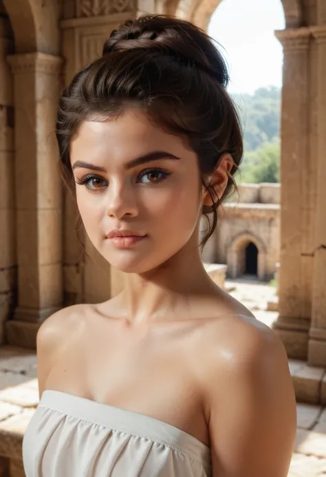 s3lenag0me, brown hair, brown eyes, white toga in roman ruins, masterpiece, dramatic lighting, detailed background, (depth of field), Selena Gomez