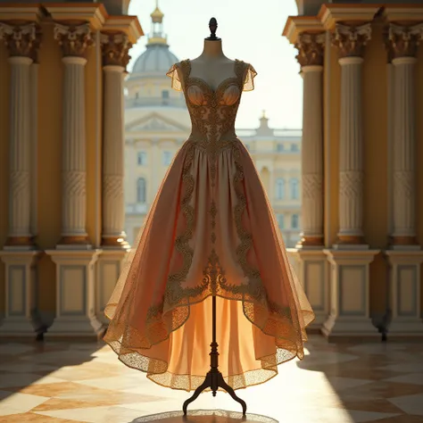  A tailors mannequin hangs in the air,  dressed in a beautiful baroque dress , back palace background ,  side morning light .