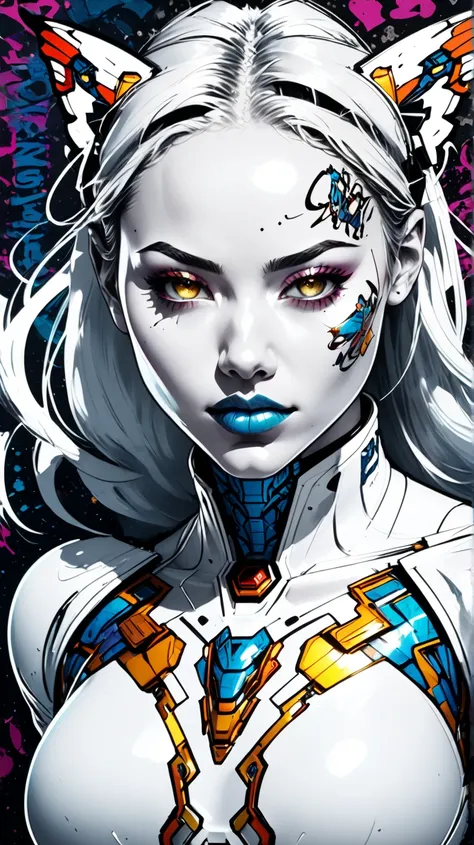 mecha ::Bottom, mixed language_text, Japanese graffiti letters, , Excellent lighting, side lighting, perfect ending :: comix style by joe madureira :: circular pieces of white metal glued to the ultra detailed arms giving off a sparkling shine, perfect and...