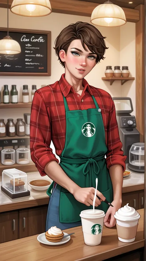  A young barista with wavy short hair ,  wearing a red flannel shirt and black apron ,  stands behind a bar table while focusing on a cup of latte in his hand . With subtle movements ,  he paints floral patterns using milk froth ,  while the spotlight of h...