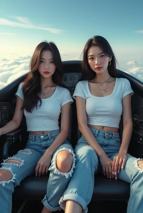  Two Korean beauties wearing white t-shirt jackets,,  ripped jeans ,, black shoes flying a plane 