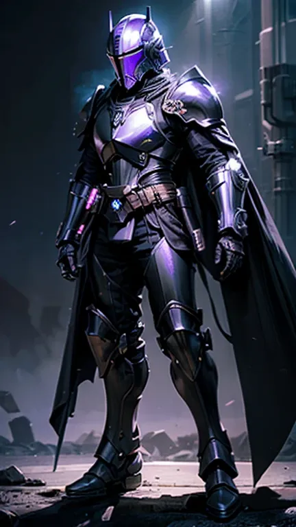 (Highly detailed, cinematic, realistic), male and female Mandalorians in futuristic (((black and purple armor))), fully metal with no cloth except for flowing capes. Their armor is sleek and polished, featuring intricate designs that stay true to Mandalori...