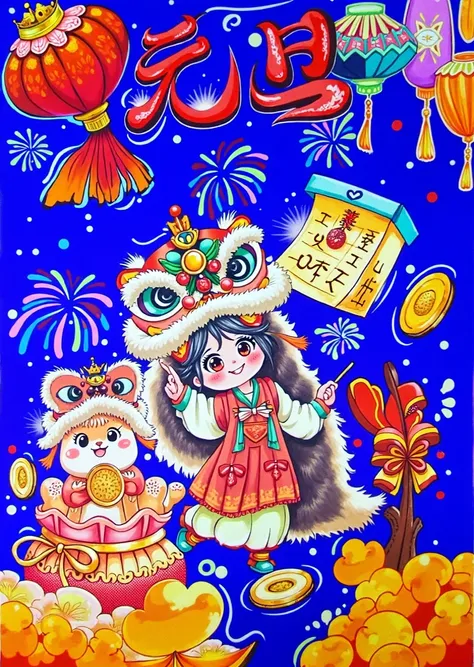 In the same style ， Create a picture of a  with a Year of the Snake theme， hold a lucky bag in your hand ，Pink and white tones predominate， and a cute snake with fritters next to the  ，, add more Chinese elements ， to withdraw the feeling of the Lunar New ...