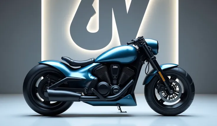 Generate a high-resolution, fully realistic image of a (  2025 Jawa 42 Bobber  ) in ( blue ) , with a sleek and modern exterior, futuristic wheels, and a shimmering body color, displayed in a luxurious showroom with a large logo on the back wall. The image...