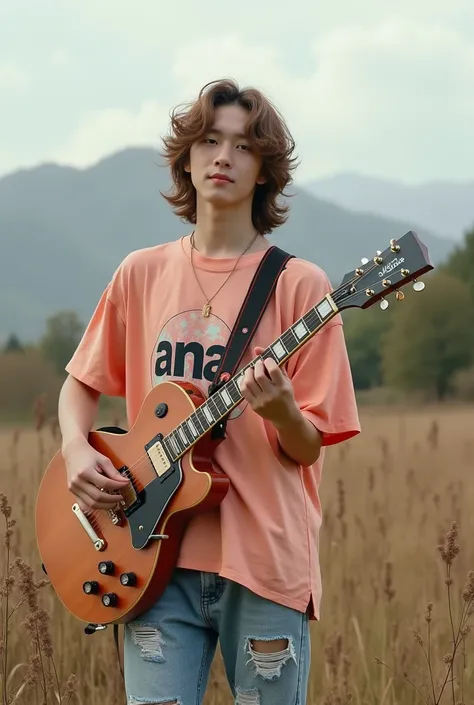 real photo, photography, a handsome Korean teenager, rocker, long curly light brown hair, smiling sweetly facing the camera, loose peach t-shirt with Ana logo design, ripped jeans, Jordan converse shoes, accessories, standing holding a turquoise Gybson gui...