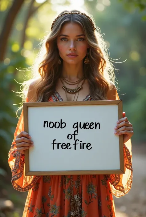 Beautiful girl with wavy long hair, bohemian dress, holding a white board with text "Noob Queen Of FreeFire”