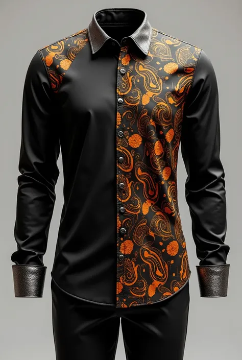 Batik combination long sleeve shirt, with black base color , silver cuffs and cuffs,  for a little batik in orange