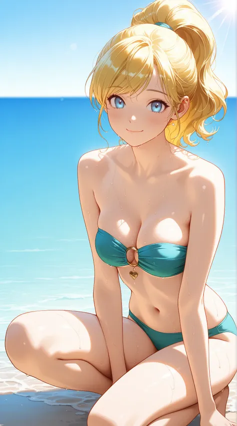 intricate, master peace, best quality, very aesthetic, best illustration,a beautiful anime girl a art style, solo, ((ponytail hair):1.5), gold hair, light blue eyes, swept bangs, medium breasts, ((glamorous body)), realistic, A close-up artistic focus on t...