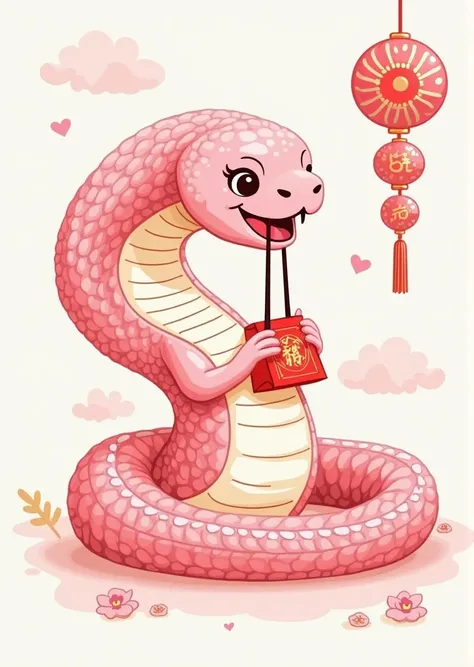 Marker drawing style， Create a picture of a  with a Year of the Snake theme， hold a lucky bag in your hand ，Pink and white tones predominate， and a cute snake with fritters next to the  ，, add more Chinese elements ， to withdraw the feeling of the Lunar Ne...