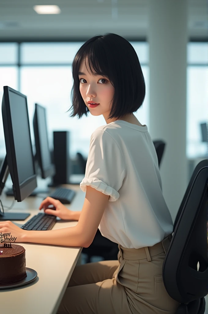 a pretty girl in an office setting. She is wearing a white short-sleeved shirt and  khaki-colored pants. Her black hair is styled in a short bob cut. she is sit on computer chair front in computer, looking back over her shoulder towards the camera with a c...