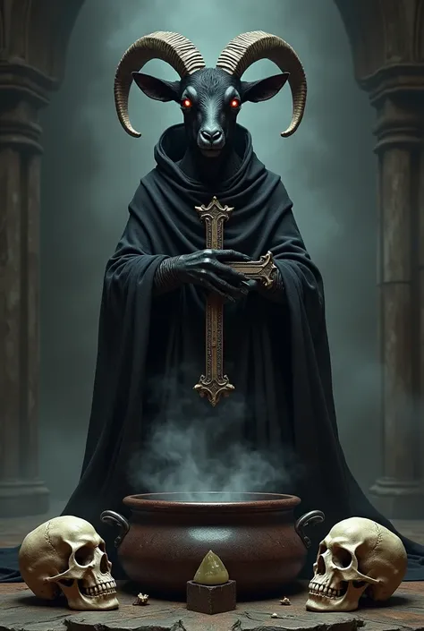 Black goat with a black cape with an inverted cross in his hand with a cauldron in front of him with 5 skulls wrapped 