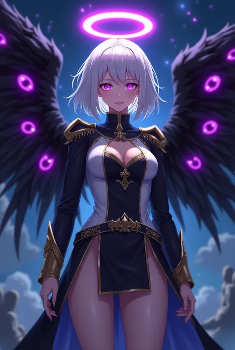 Female, 27 years old, pale skin, tall, athletic. Shiny short white hair. Bright Purple Eyes. Black and White Medieval Generals Uniform. Purple Angel Halo on her head. Six Black Feathered Wings on her back, many Purple Eyes on her wings. Anime. Night Sky Ba...