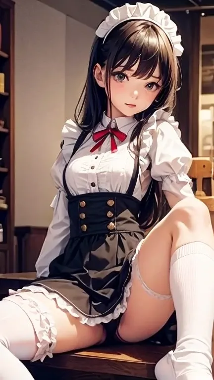  1 girl in uniform、Maid、 sitting、 ruffle socks 、From below、Sole、 embarrassing、Bicycle Shorts 、 Puffy Lips 、 Toeless Legwear、 cross lace legwear、masterpiece、 top quality、 no fix