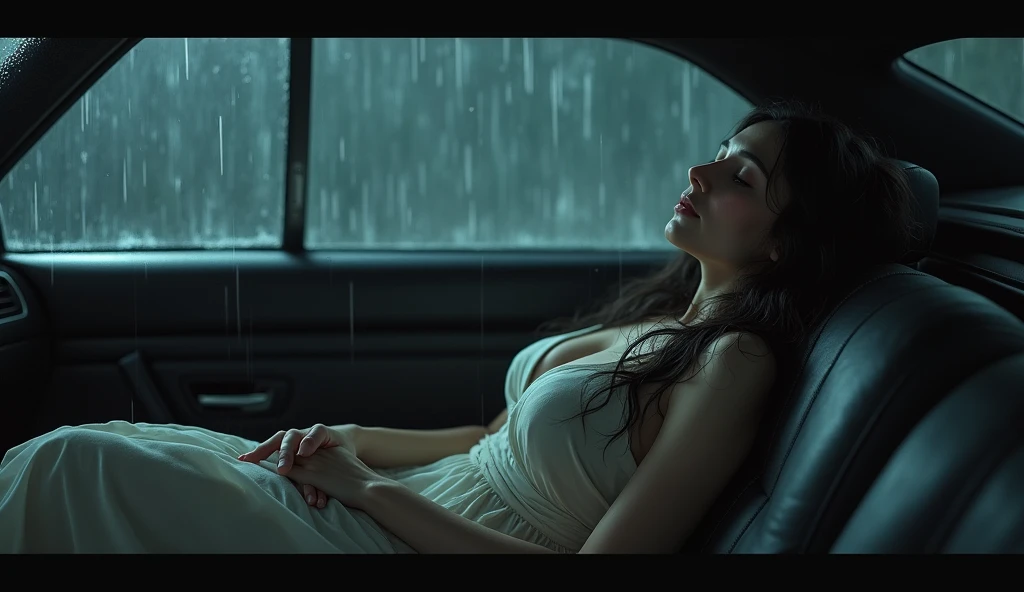  a beautiful white woman , with long black hair,Chest size 43 ,looks full body size,Wearing a transparent dress , sleeping soundly ,in the car, barring heavy rain from car glass,the night,4k,hyper realistic, dark atmosphere 