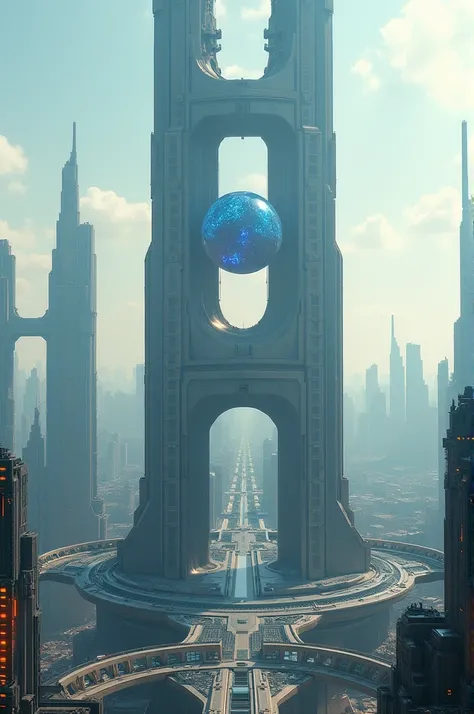  a city , that is capable of teleporting .  In its center there is a tower that is divided into three a sphere floats in it.  